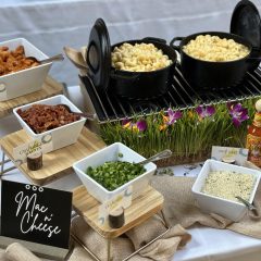 Mac and cheese station by wedding caterer Seedling and Sage