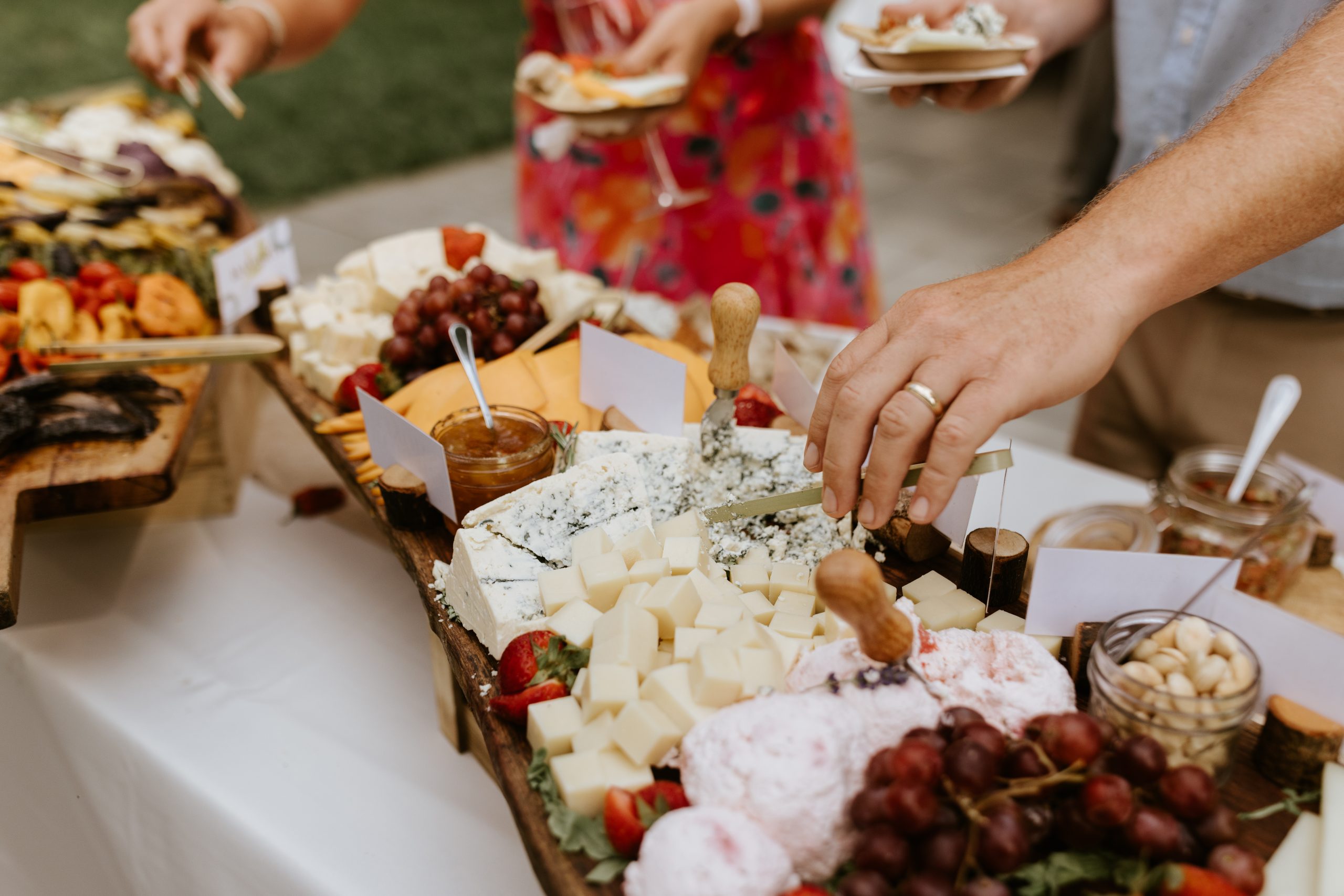 Extravagant cheese and charcuterie display at a wedding by Seedling and Sage Catering