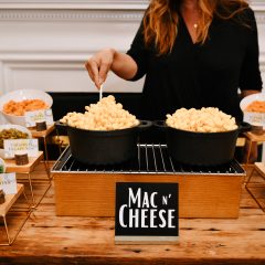 Mac and cheese station by wedding caterer Seedling and Sage